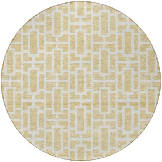 8' Wheat And Ivory Round Geometric Washable Indoor Outdoor Area Rug Photo 5