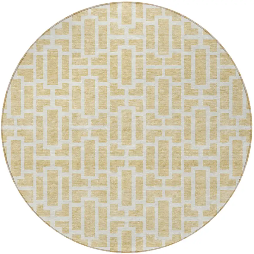 8' Wheat And Ivory Round Geometric Washable Indoor Outdoor Area Rug Photo 5