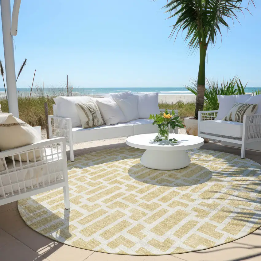 8' Wheat And Ivory Round Geometric Washable Indoor Outdoor Area Rug Photo 6