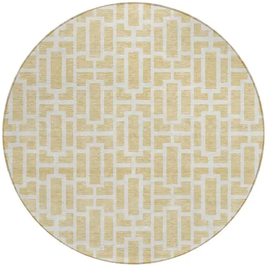 8' Wheat And Ivory Round Geometric Washable Indoor Outdoor Area Rug Photo 4