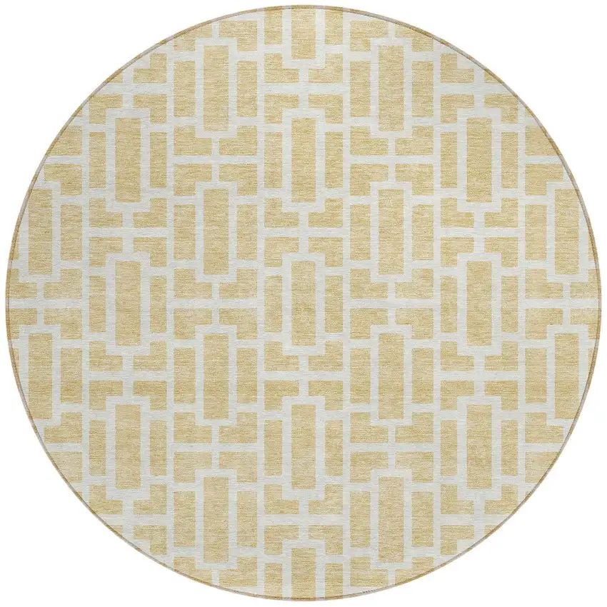 8' Wheat And Ivory Round Geometric Washable Indoor Outdoor Area Rug Photo 4