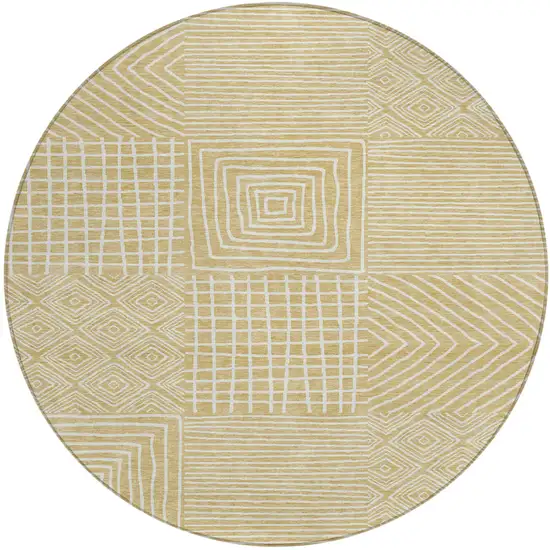 8' Wheat And Ivory Round Geometric Washable Indoor Outdoor Area Rug Photo 2