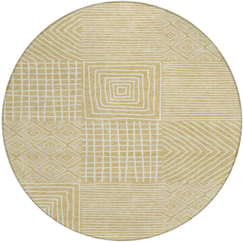 8' Wheat And Ivory Round Geometric Washable Indoor Outdoor Area Rug Photo 2