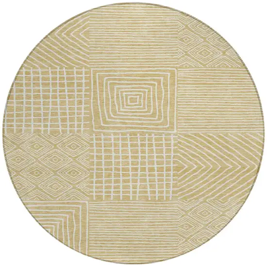 8' Wheat And Ivory Round Geometric Washable Indoor Outdoor Area Rug Photo 7