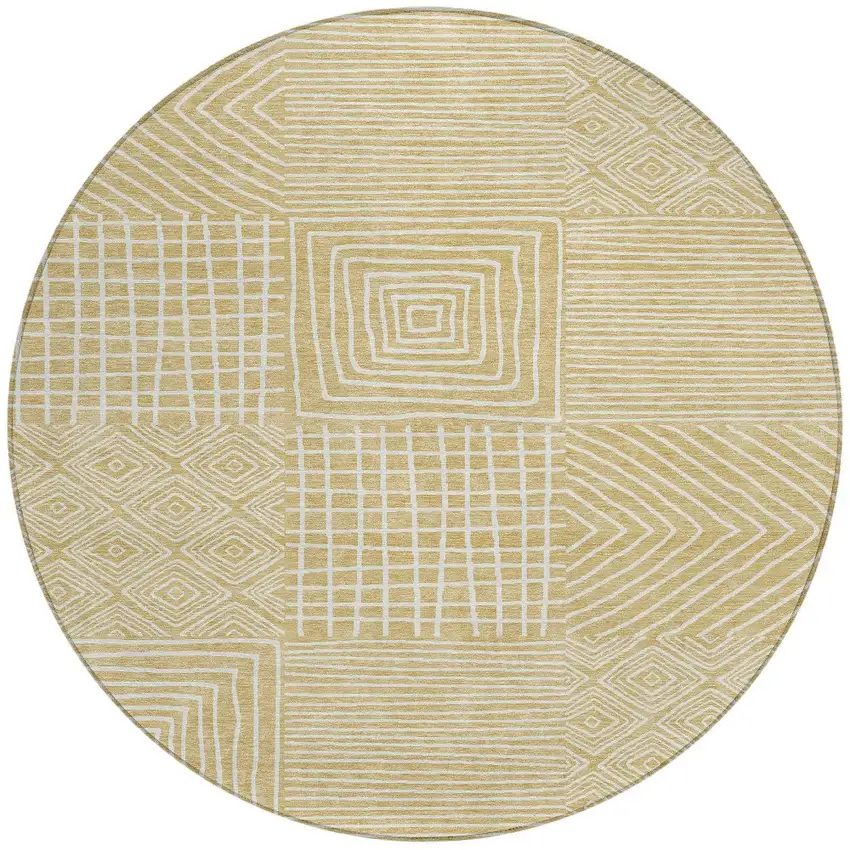 8' Wheat And Ivory Round Geometric Washable Indoor Outdoor Area Rug Photo 7