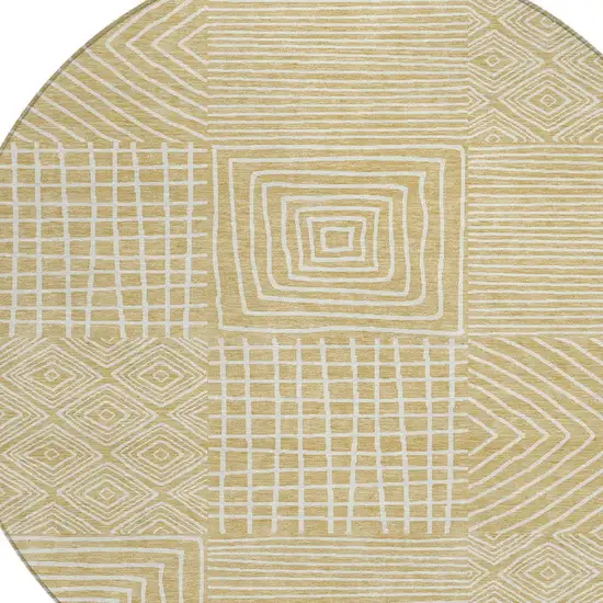 8' Wheat And Ivory Round Geometric Washable Indoor Outdoor Area Rug Photo 6