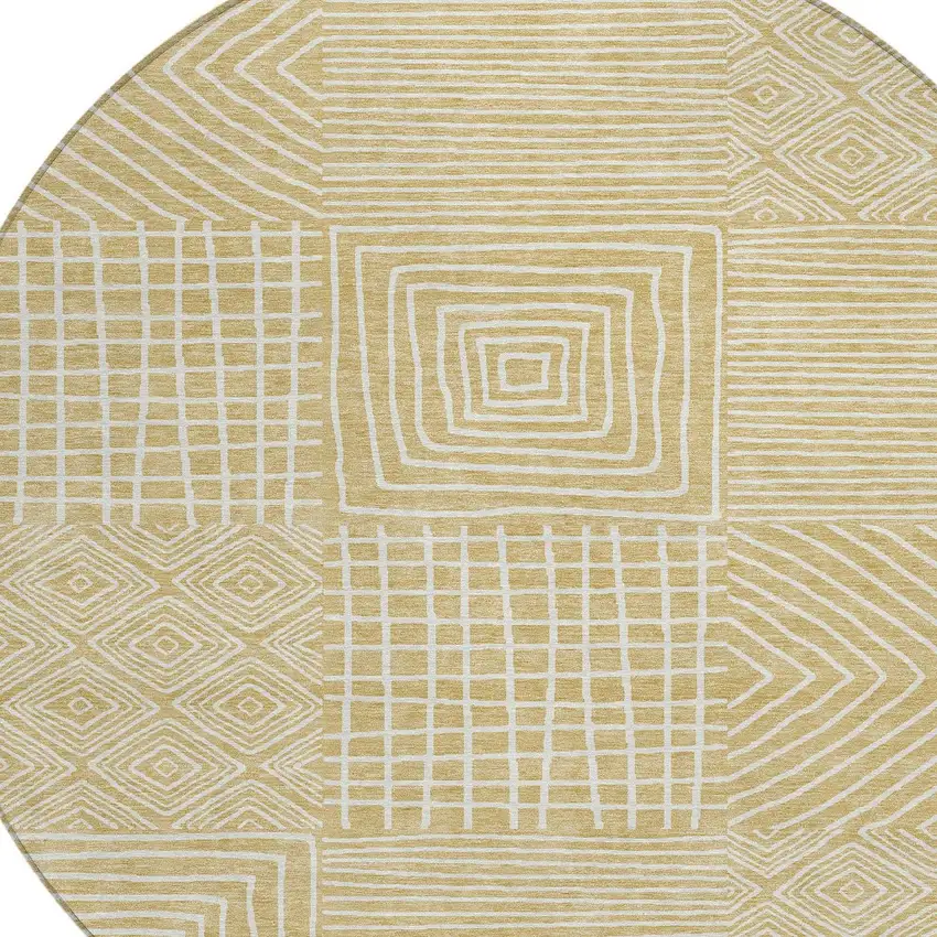 8' Wheat And Ivory Round Geometric Washable Indoor Outdoor Area Rug Photo 6