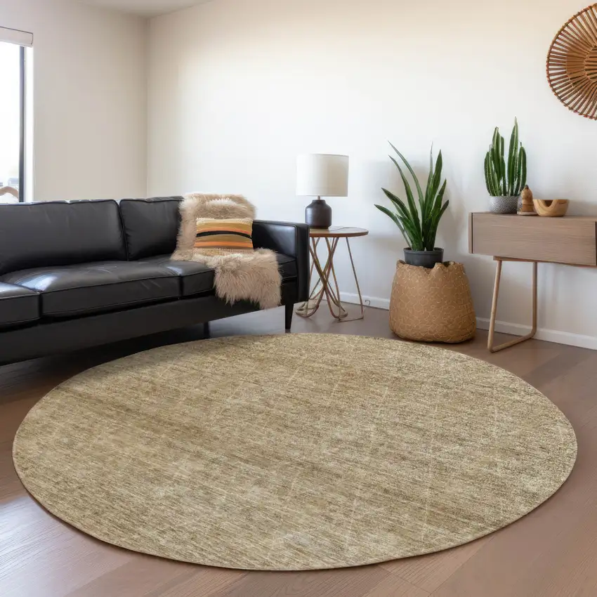 8' Wheat And Ivory Round Geometric Washable Indoor Outdoor Area Rug Photo 6