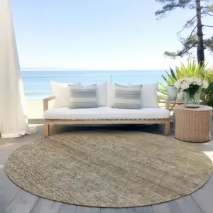 Photo of 8' Wheat And Ivory Round Geometric Washable Indoor Outdoor Area Rug