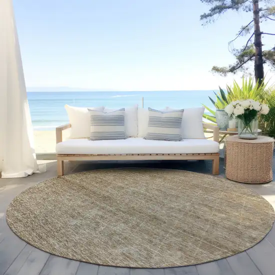 8' Wheat And Ivory Round Geometric Washable Indoor Outdoor Area Rug Photo 5