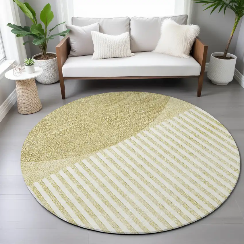 8' Wheat And Ivory Round Geometric Washable Indoor Outdoor Area Rug Photo 7