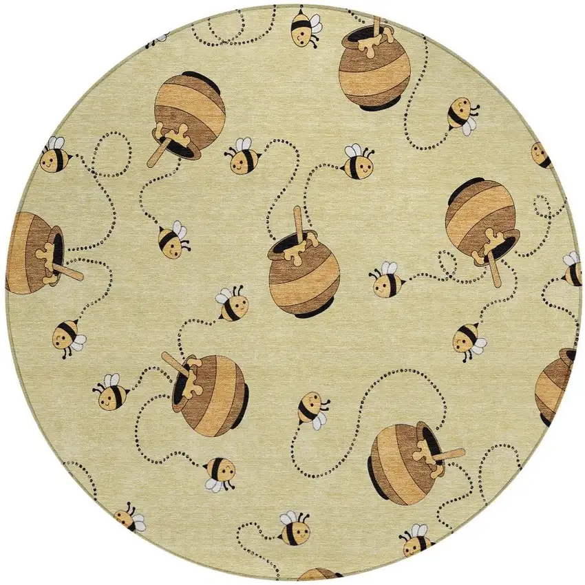 8' Wheat And Ivory Round Geometric Washable Indoor Outdoor Area Rug Photo 3