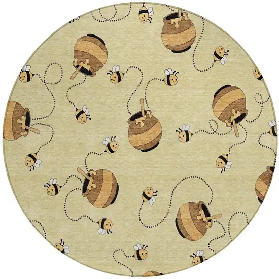 8' Wheat And Ivory Round Geometric Washable Indoor Outdoor Area Rug Photo 6