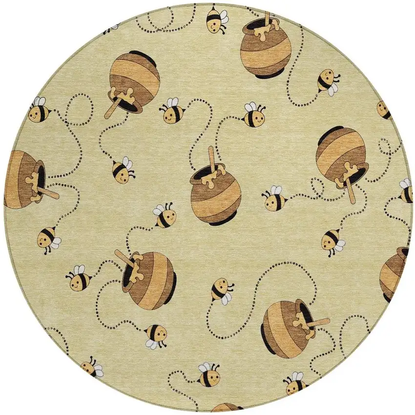8' Wheat And Ivory Round Geometric Washable Indoor Outdoor Area Rug Photo 6