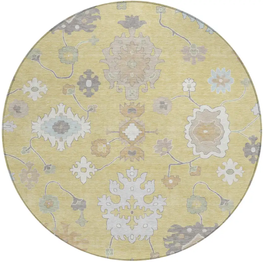 8' Wheat And Ivory Round Oriental Washable Indoor Outdoor Area Rug Photo 2