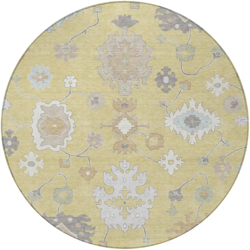 8' Wheat And Ivory Round Oriental Washable Indoor Outdoor Area Rug Photo 3