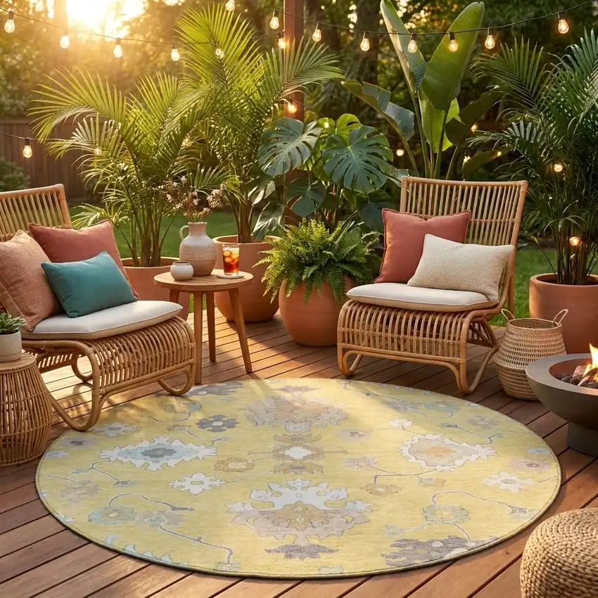 8' Wheat And Ivory Round Oriental Washable Indoor Outdoor Area Rug Photo 1