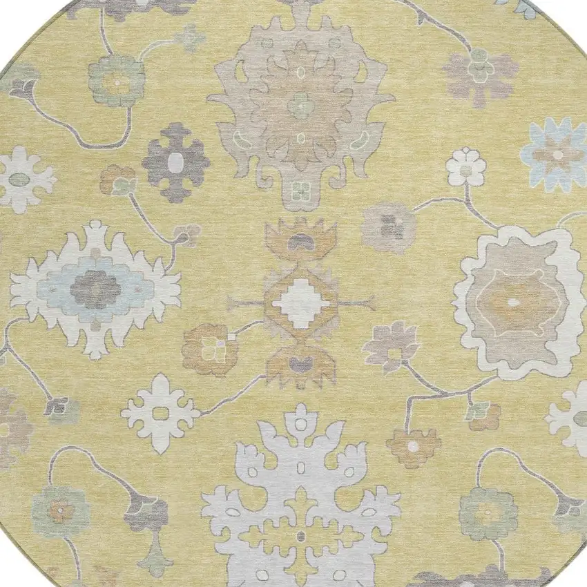 8' Wheat And Ivory Round Oriental Washable Indoor Outdoor Area Rug Photo 4