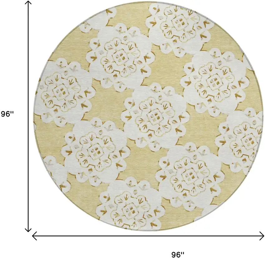 8' Wheat And Ivory Round Quatrefoil Washable Indoor Outdoor Area Rug Photo 3