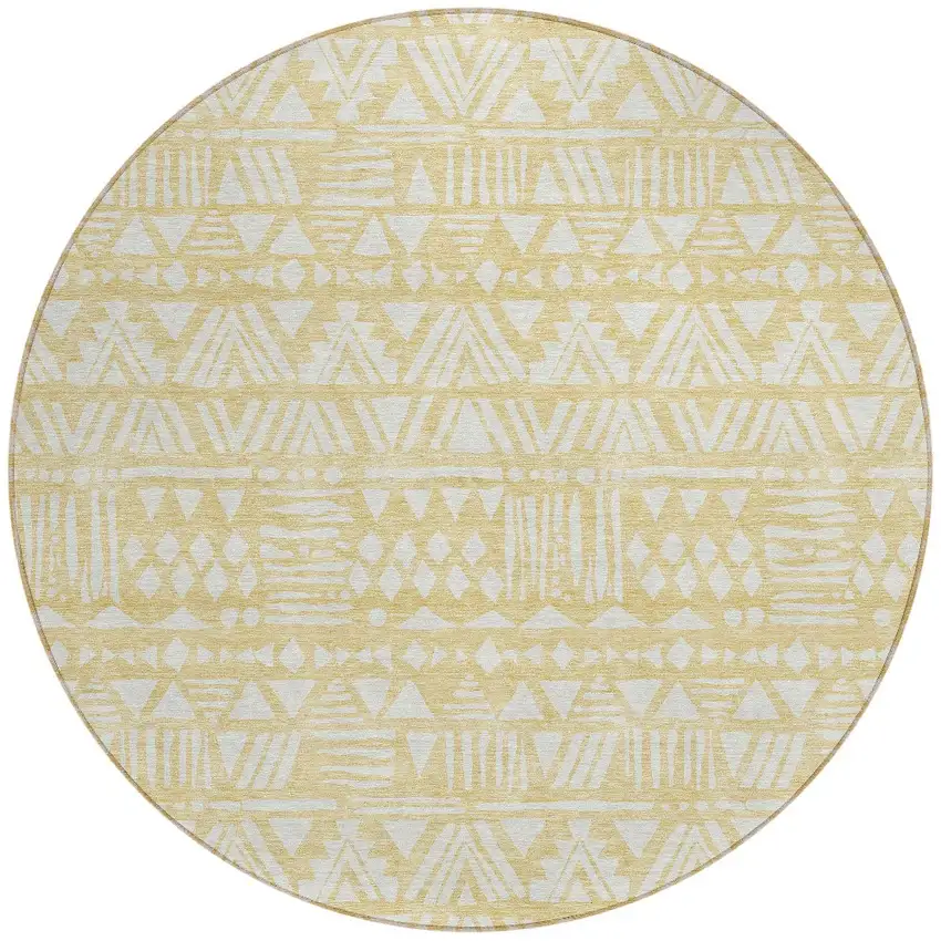 8' Wheat And Ivory Round Southwestern Washable Indoor Outdoor Area Rug Photo 5