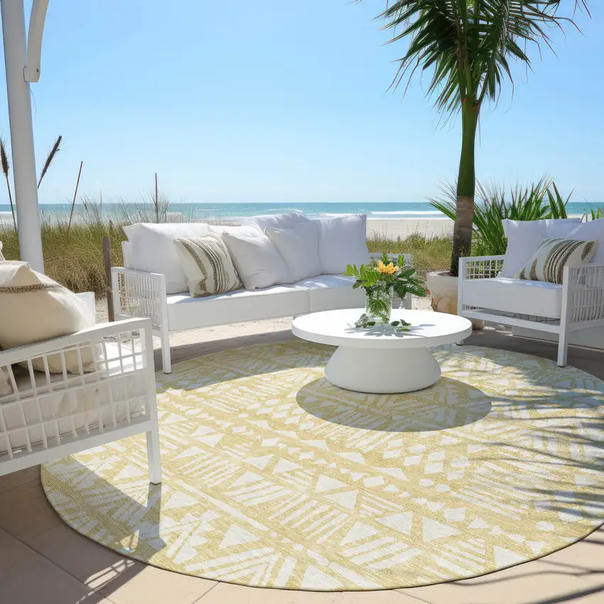 8' Wheat And Ivory Round Southwestern Washable Indoor Outdoor Area Rug Photo 6