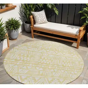 Photo of 8' Wheat And Ivory Round Southwestern Washable Indoor Outdoor Area Rug