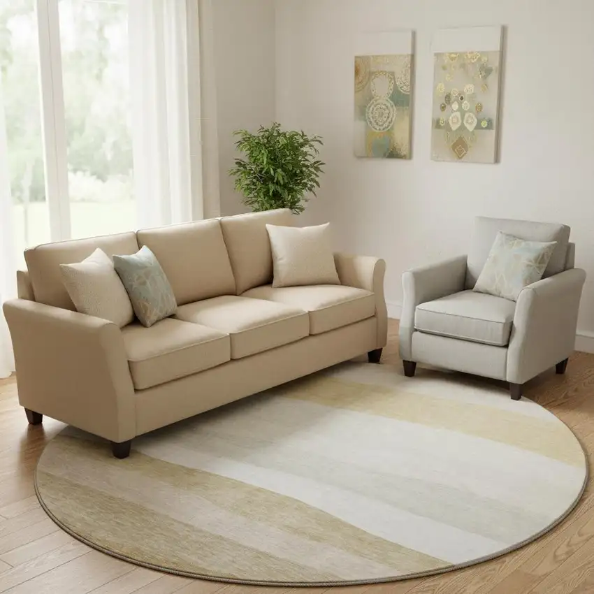 8' Wheat And Ivory Striped Washable Round Rug With UV Protection Photo 2