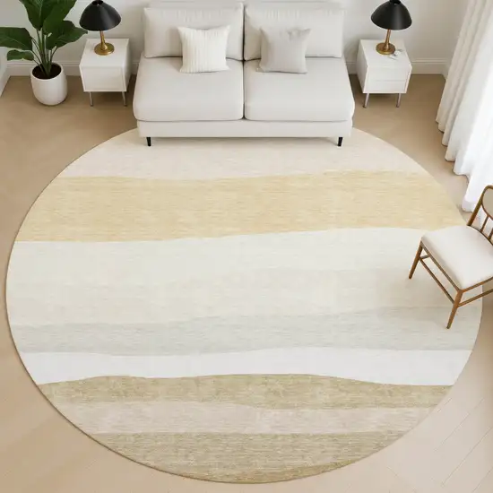 8' Wheat And Ivory Striped Washable Round Rug With UV Protection Photo 5