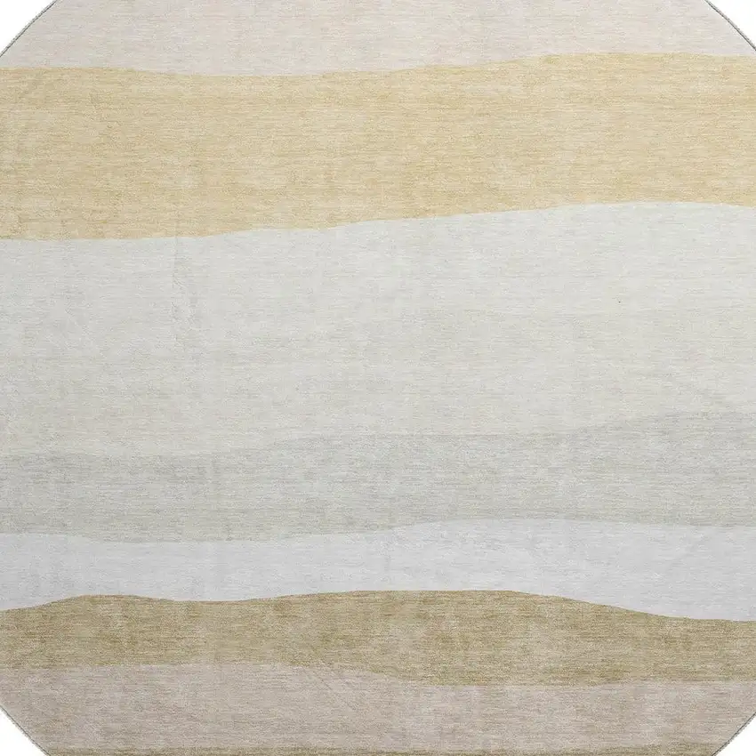 8' Wheat And Ivory Striped Washable Round Rug With UV Protection Photo 3