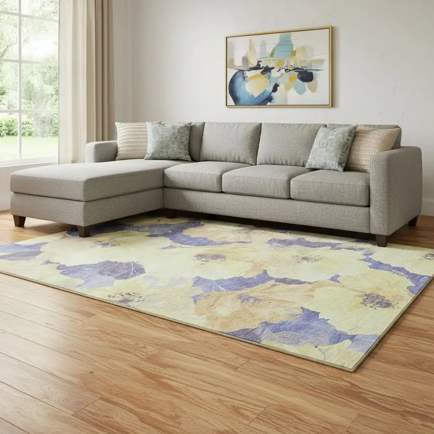 8' Wheat And Lavender Floral Washable Area Rug With UV Protection Photo 2