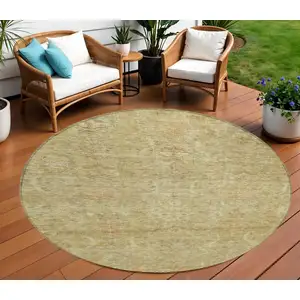Photo of 8' Wheat And Light Brown Round Damask Washable Indoor Outdoor Area Rug