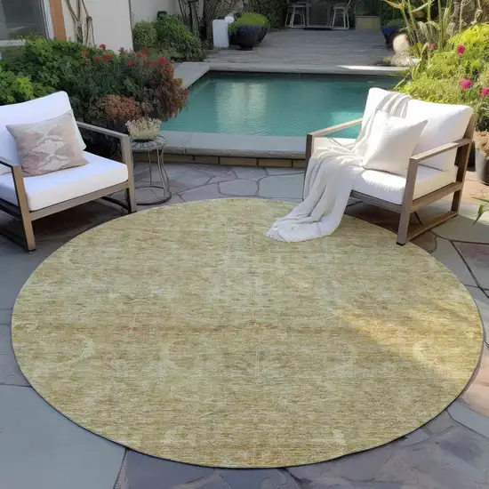 8' Wheat And Light Brown Round Damask Washable Indoor Outdoor Area Rug Photo 7