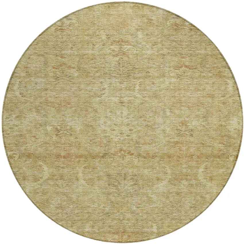 8' Wheat And Light Brown Round Damask Washable Indoor Outdoor Area Rug Photo 2