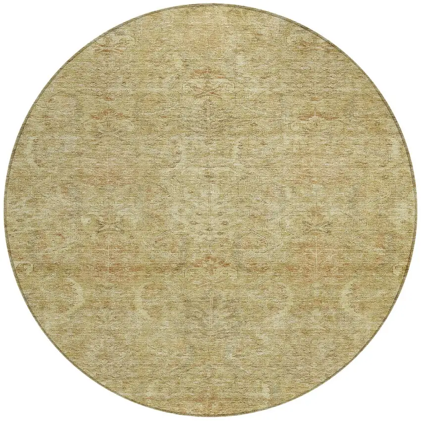 8' Wheat And Light Brown Round Damask Washable Indoor Outdoor Area Rug Photo 6
