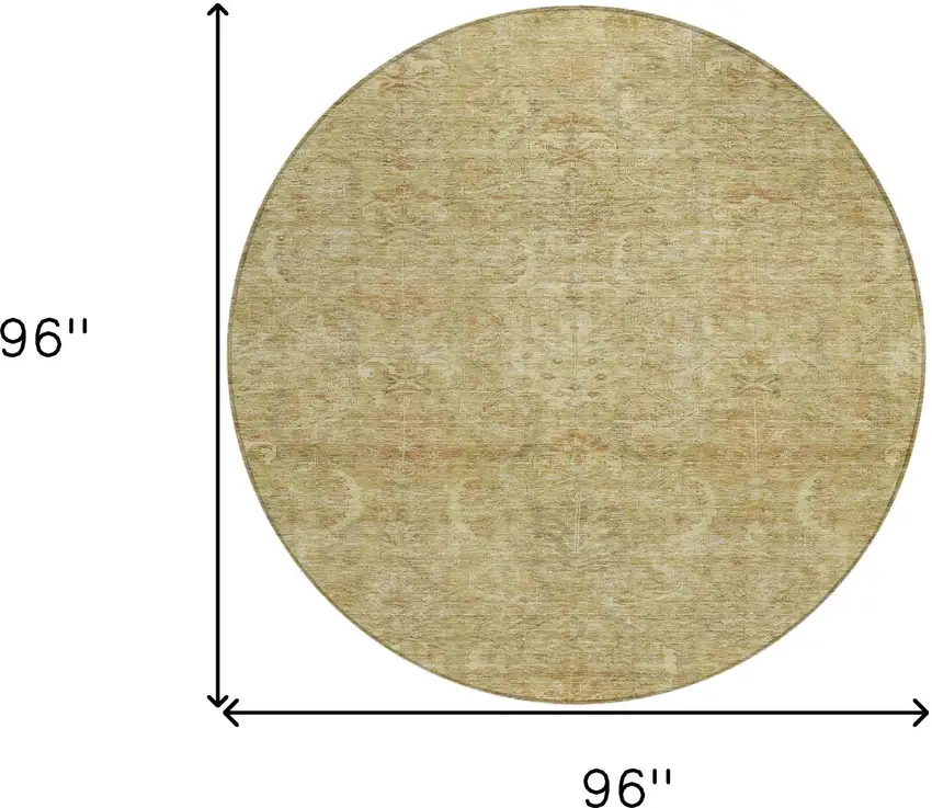 8' Wheat And Light Brown Round Damask Washable Indoor Outdoor Area Rug Photo 9