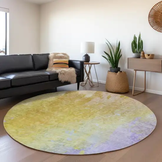 8' Wheat And Purple Abstract Washable Round Rug With UV Protection Photo 3