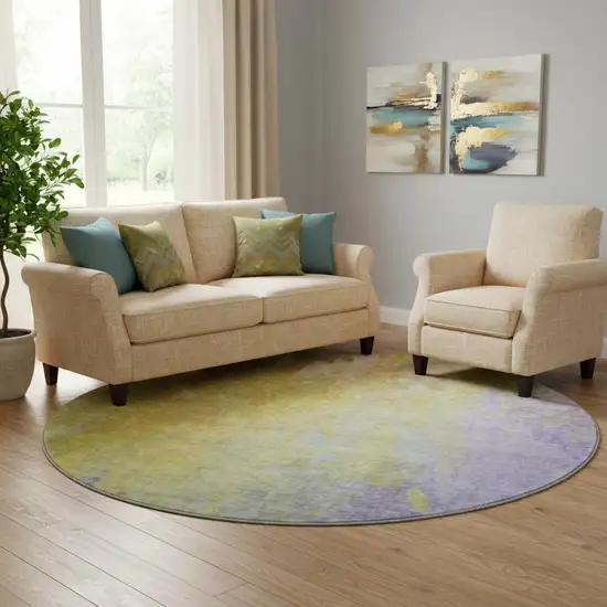 8' Wheat And Purple Abstract Washable Round Rug With UV Protection Photo 1