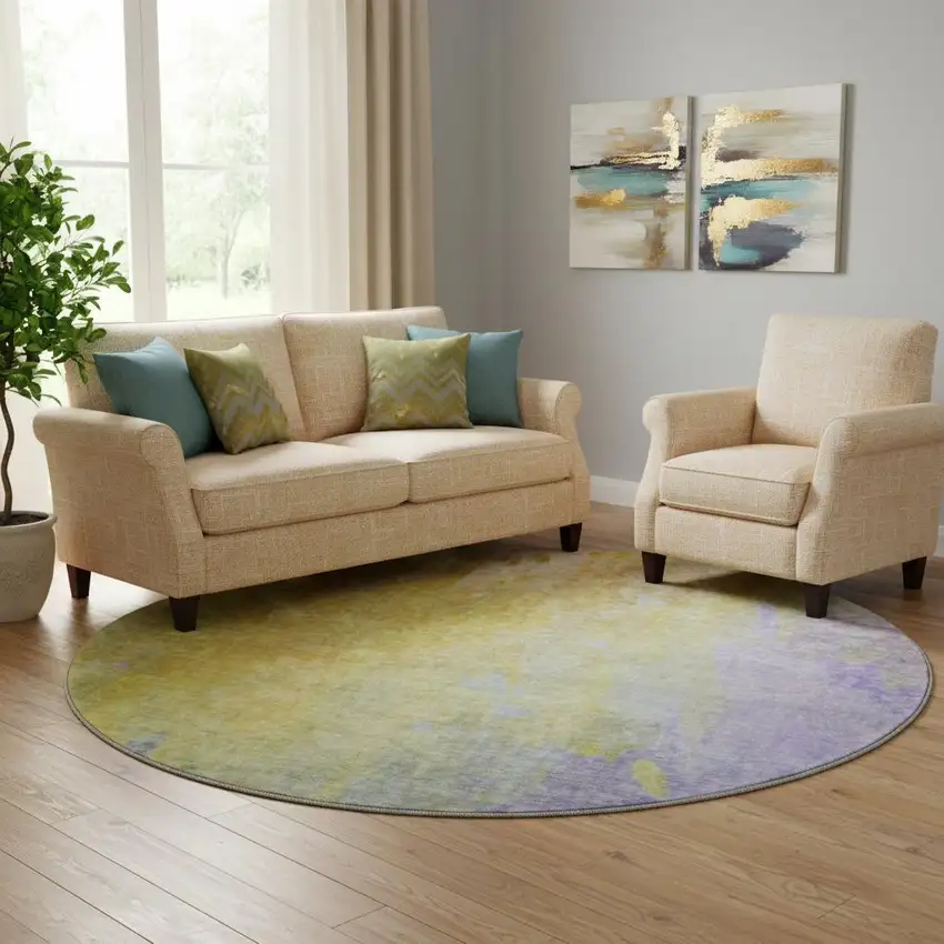8' Wheat And Purple Abstract Washable Round Rug With UV Protection Photo 1