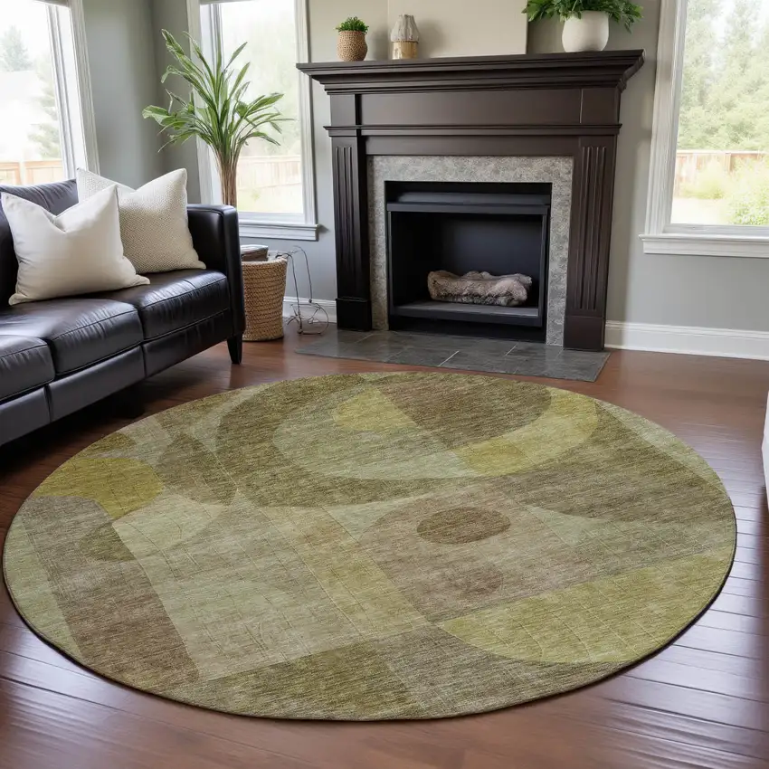 8' Wheat Beige And Gold Abstract Geometric Washable Round Rug With UV Protection Photo 4