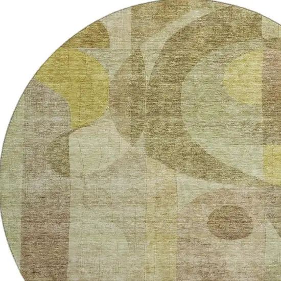 8' Wheat Beige And Gold Abstract Geometric Washable Round Rug With UV Protection Photo 2