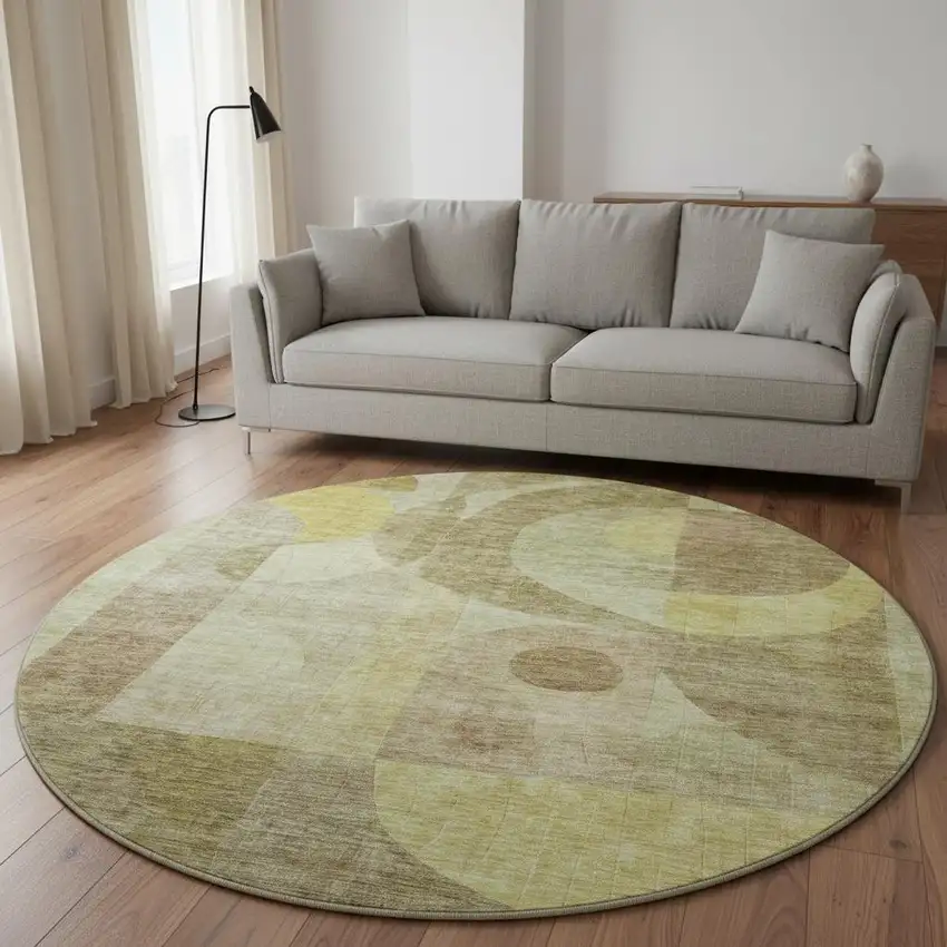 8' Wheat Beige And Gold Abstract Geometric Washable Round Rug With UV Protection Photo 2