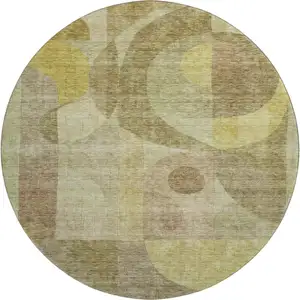 Photo of 8' Wheat Beige And Gold Abstract Geometric Washable Round Rug With UV Protection