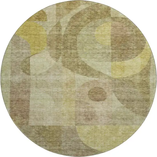 8' Wheat Beige And Gold Abstract Geometric Washable Round Rug With UV Protection Photo 1