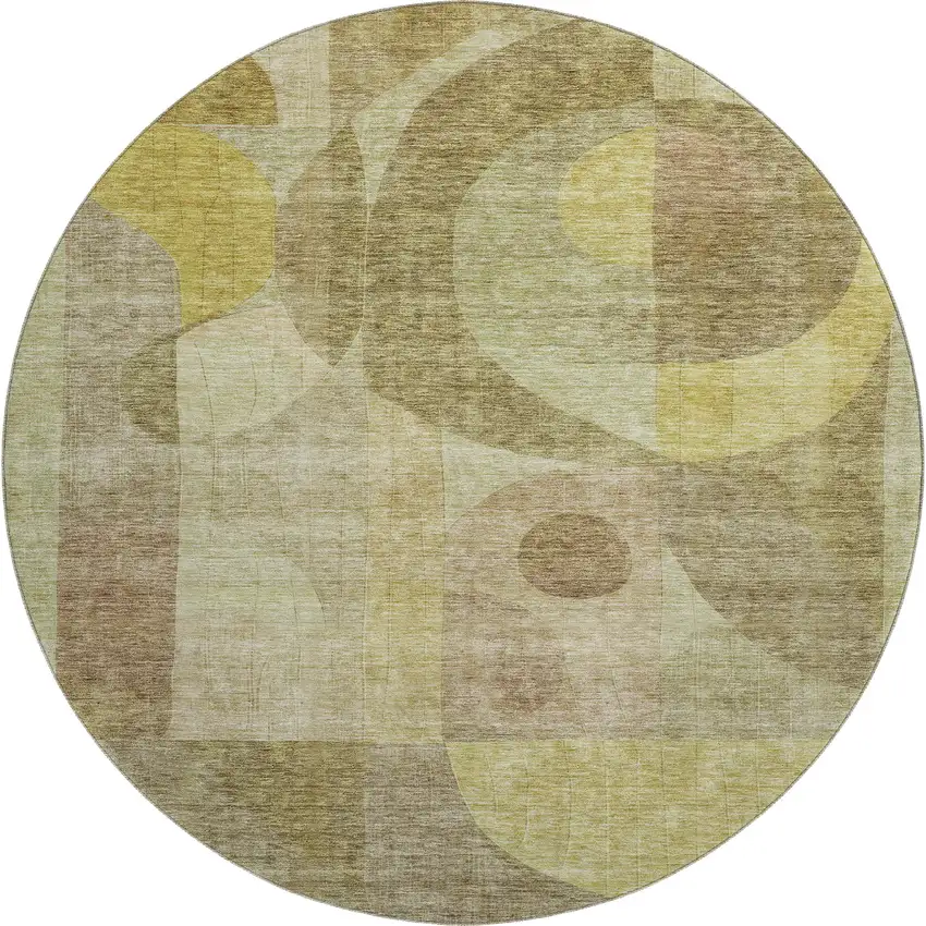 8' Wheat Beige And Gold Abstract Geometric Washable Round Rug With UV Protection Photo 1