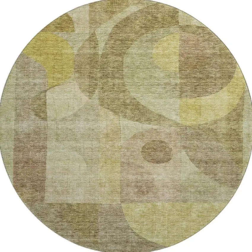 8' Wheat Beige And Gold Abstract Geometric Washable Round Rug With UV Protection Photo 3