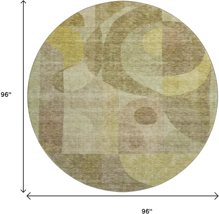 8' Wheat Beige And Gold Abstract Geometric Washable Round Rug With UV Protection Photo 9
