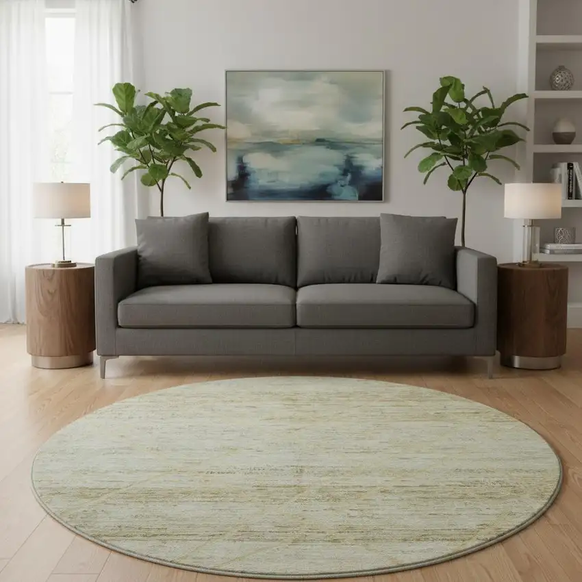 8' Wheat Beige And Gold Abstract Geometric Washable Round Rug With UV Protection Photo 2