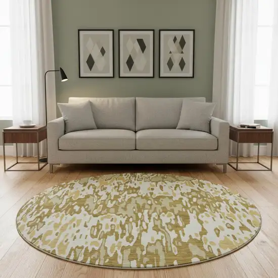 8' Wheat Beige And Gold Striped Washable Round Rug With UV Protection Photo 2