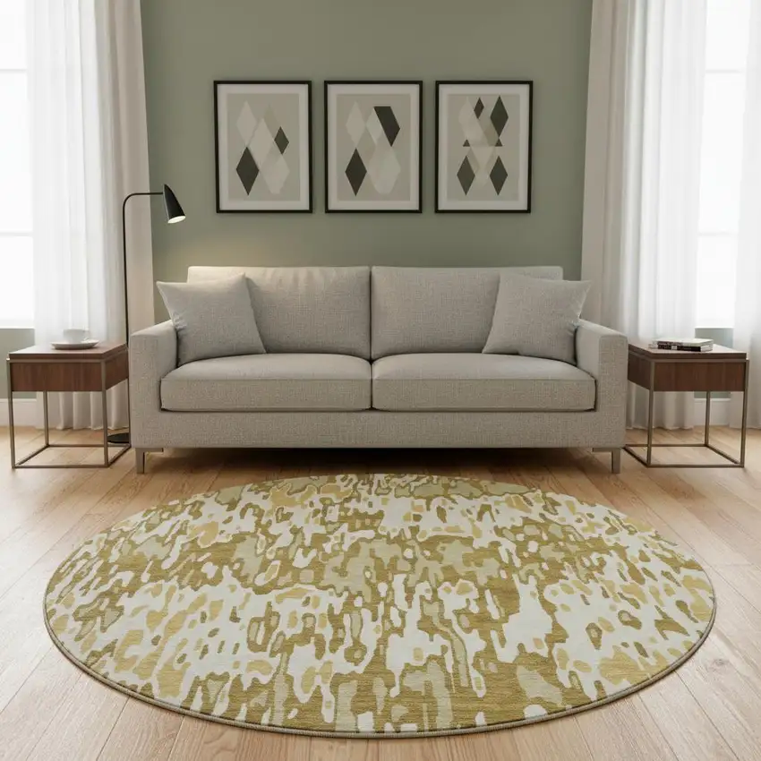 8' Wheat Beige And Gold Striped Washable Round Rug With UV Protection Photo 2