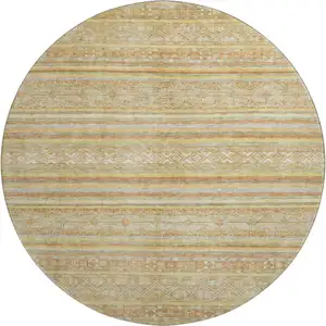 Photo of 8' Wheat Beige And Gold Striped Washable Round Rug With UV Protection